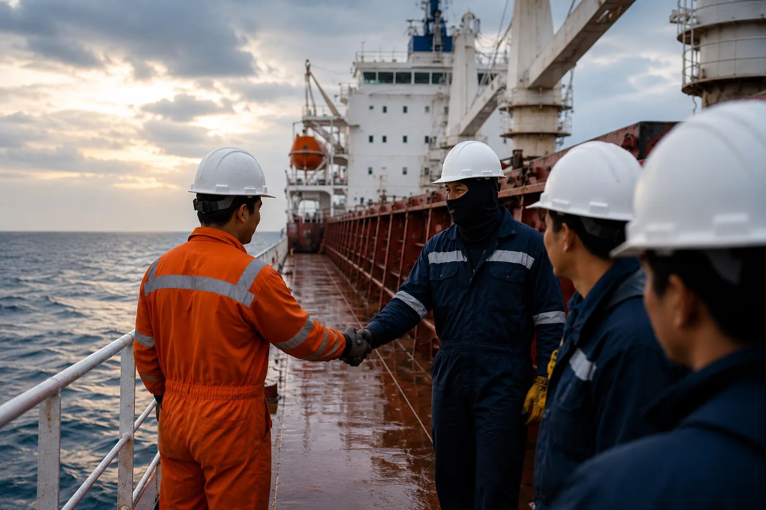 Seafarers shaking hands during a crew handover on the deck of a cargo vessel