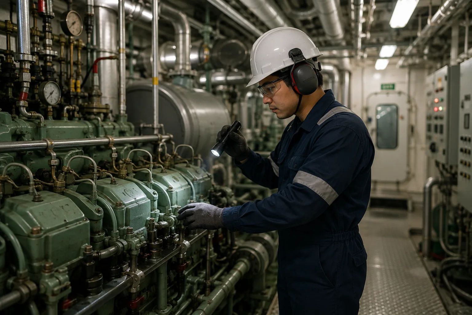 Marine engineer inspecting machinery in a ship's engine room