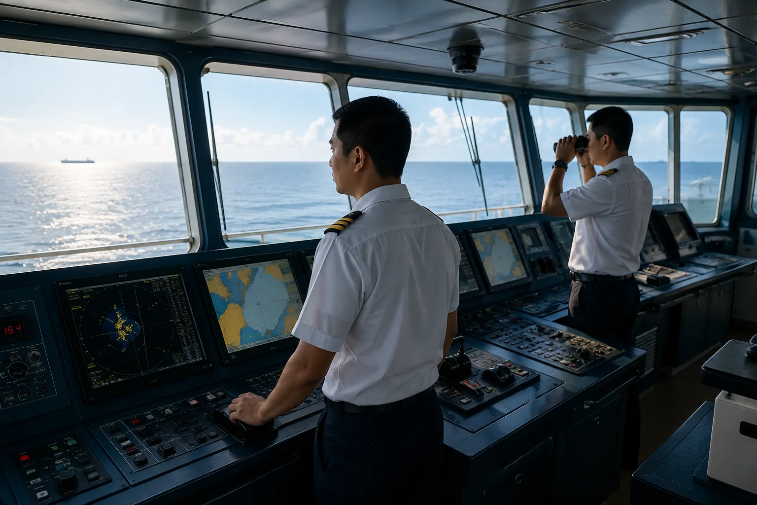 Deck officers navigating from a ship's bridge at sea