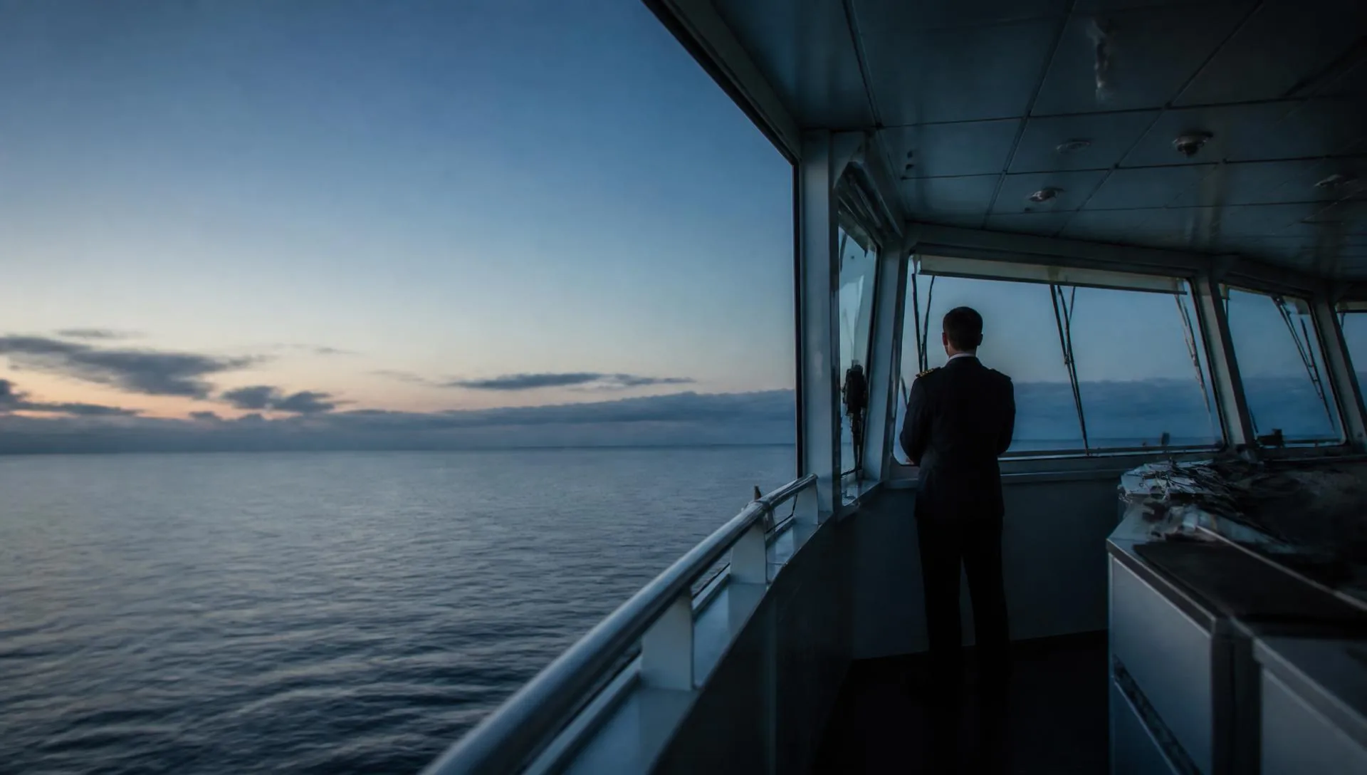 Ship's officer keeping watch on the bridge at dusk